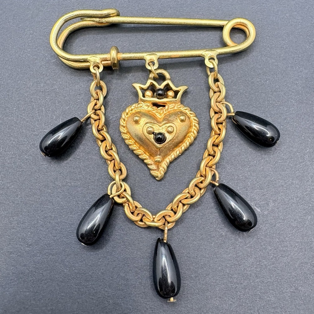 Vintage Leslie Block Brooch Gold Tone Heart Crown Dangle Drop Safety Pin